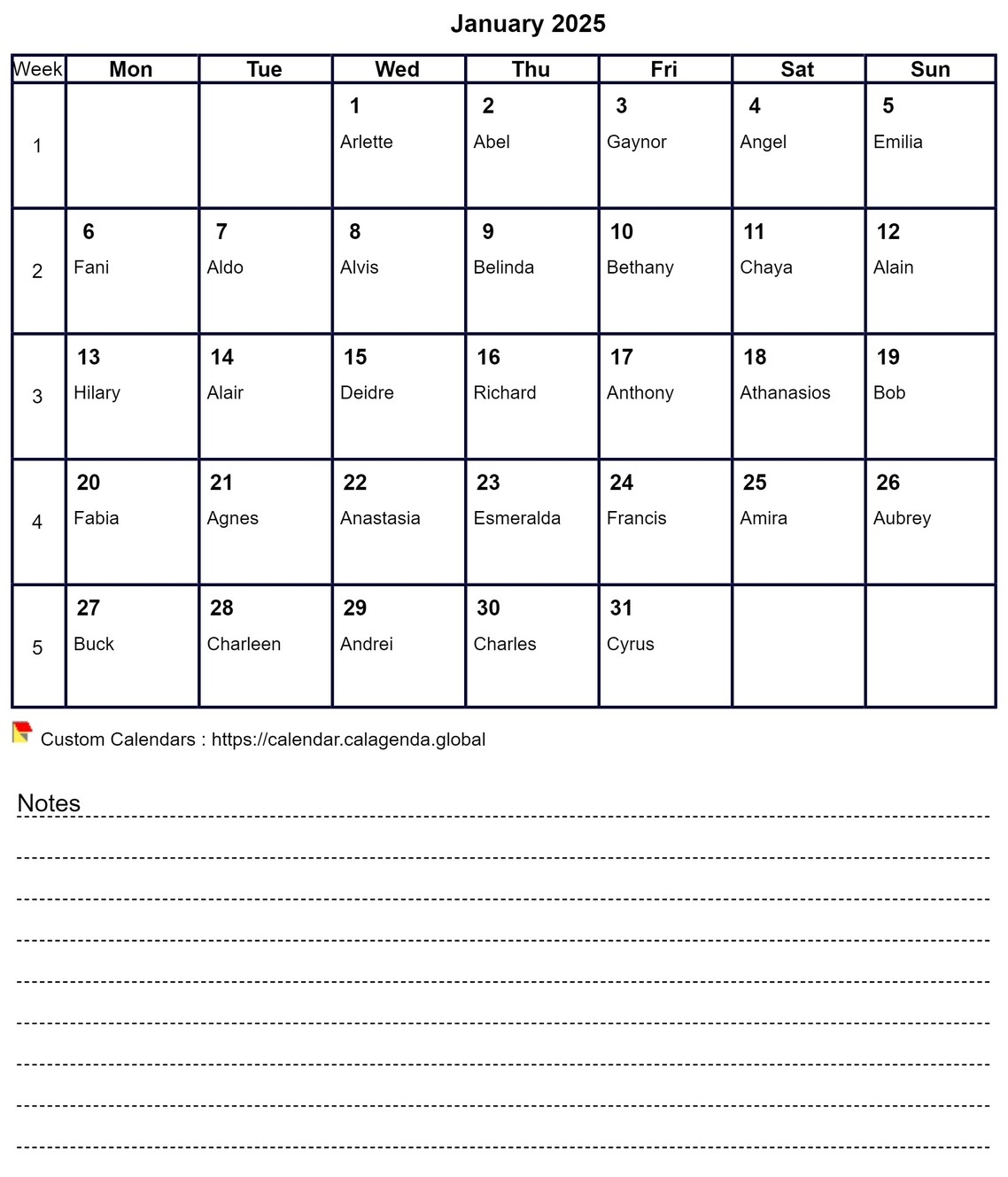Calendar Monthly 2025 With Notes And Week Numbers