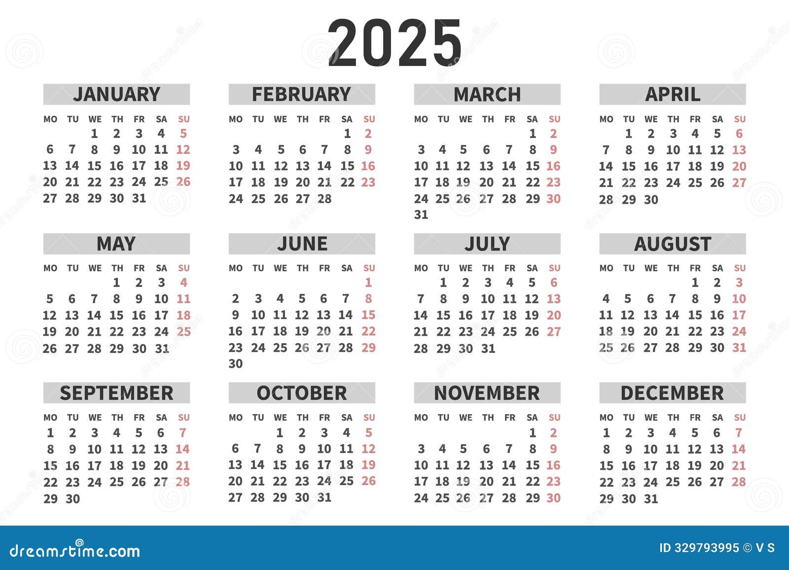 Classic Horizontal Calendar 2025 In English Days Weeks And Months 