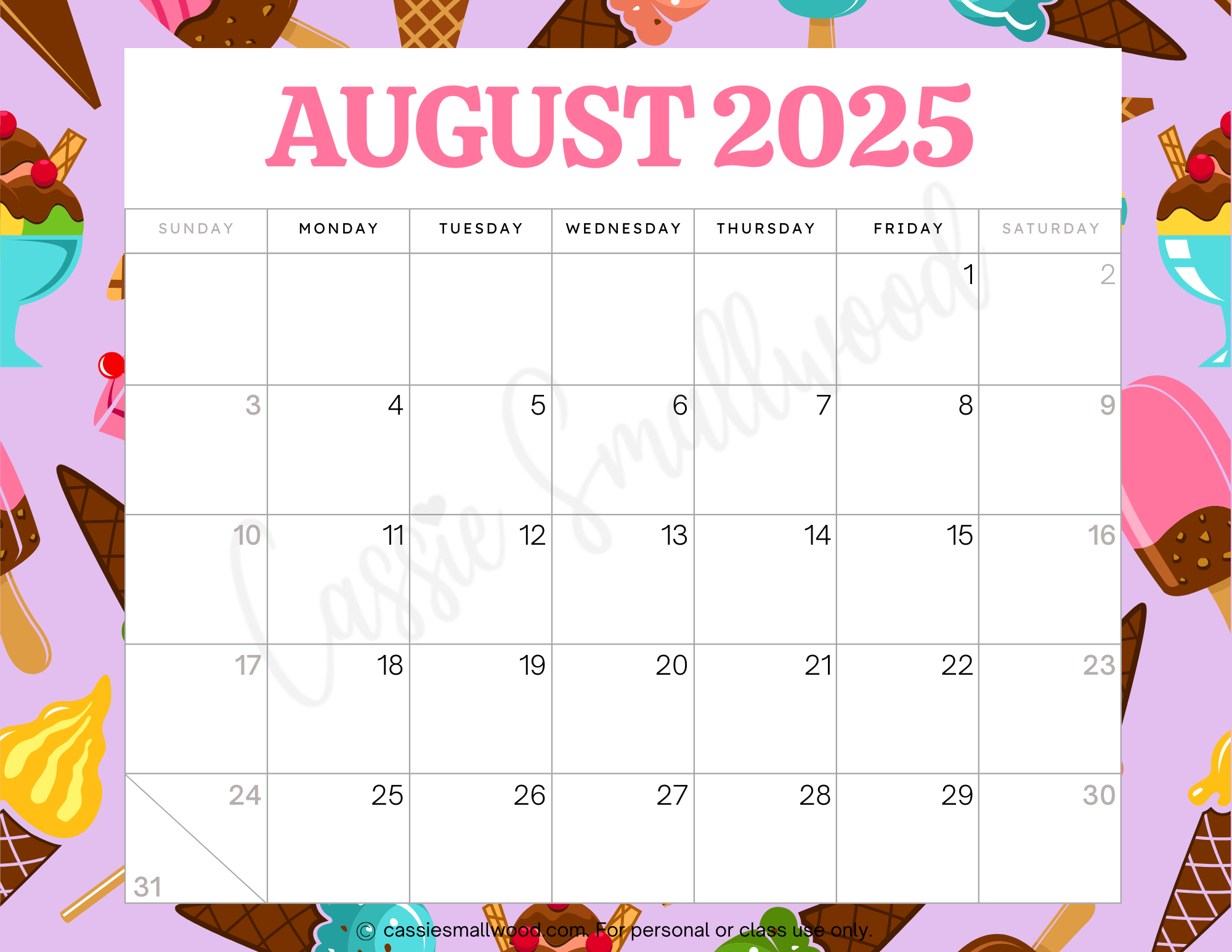 Cute 2025 Free Printable Monthly Calendars