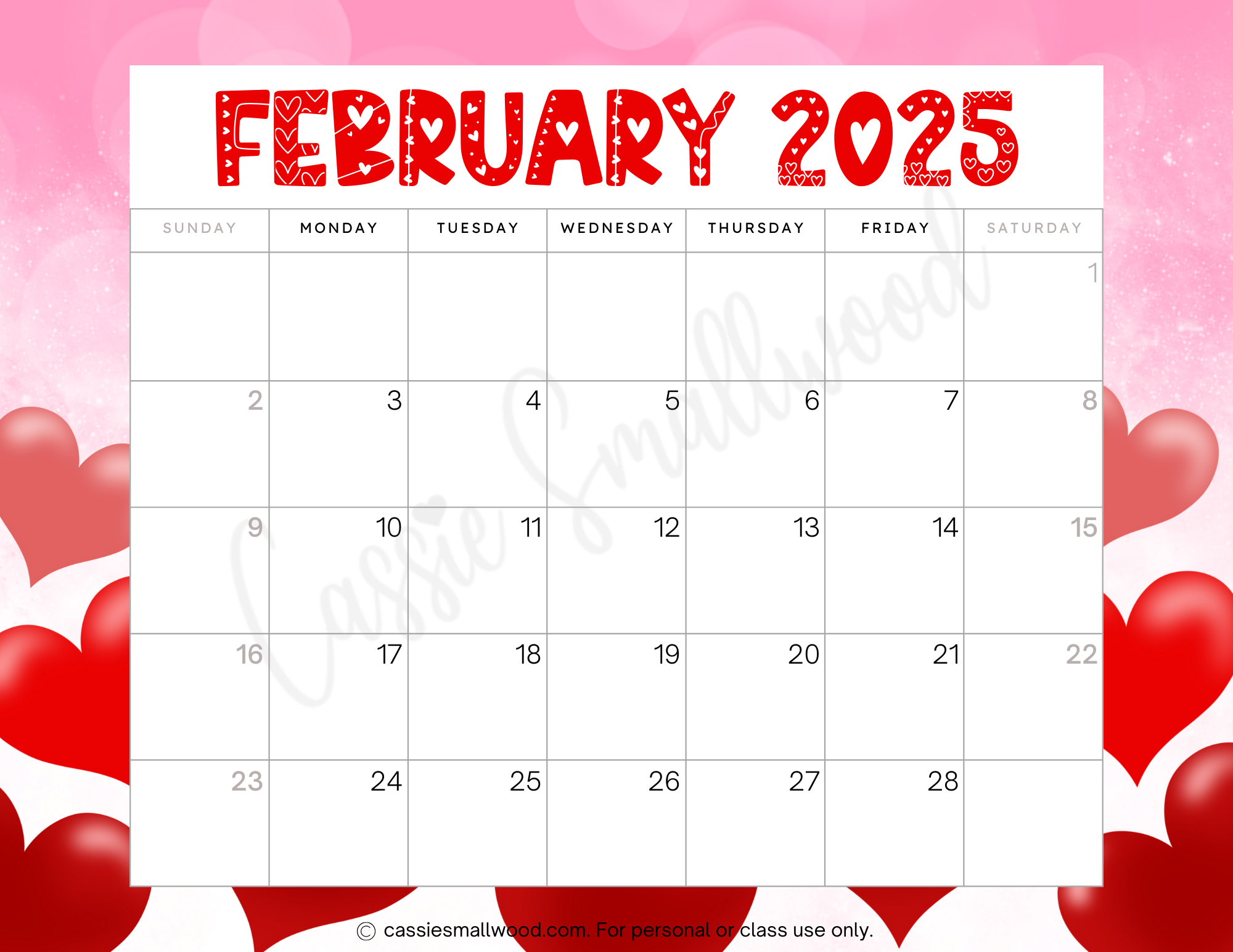 Cute February 2025 Calendar Pdf Printable Carol J Larson