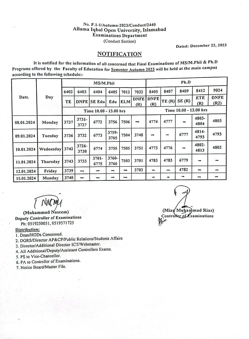 Date Sheet Education For All