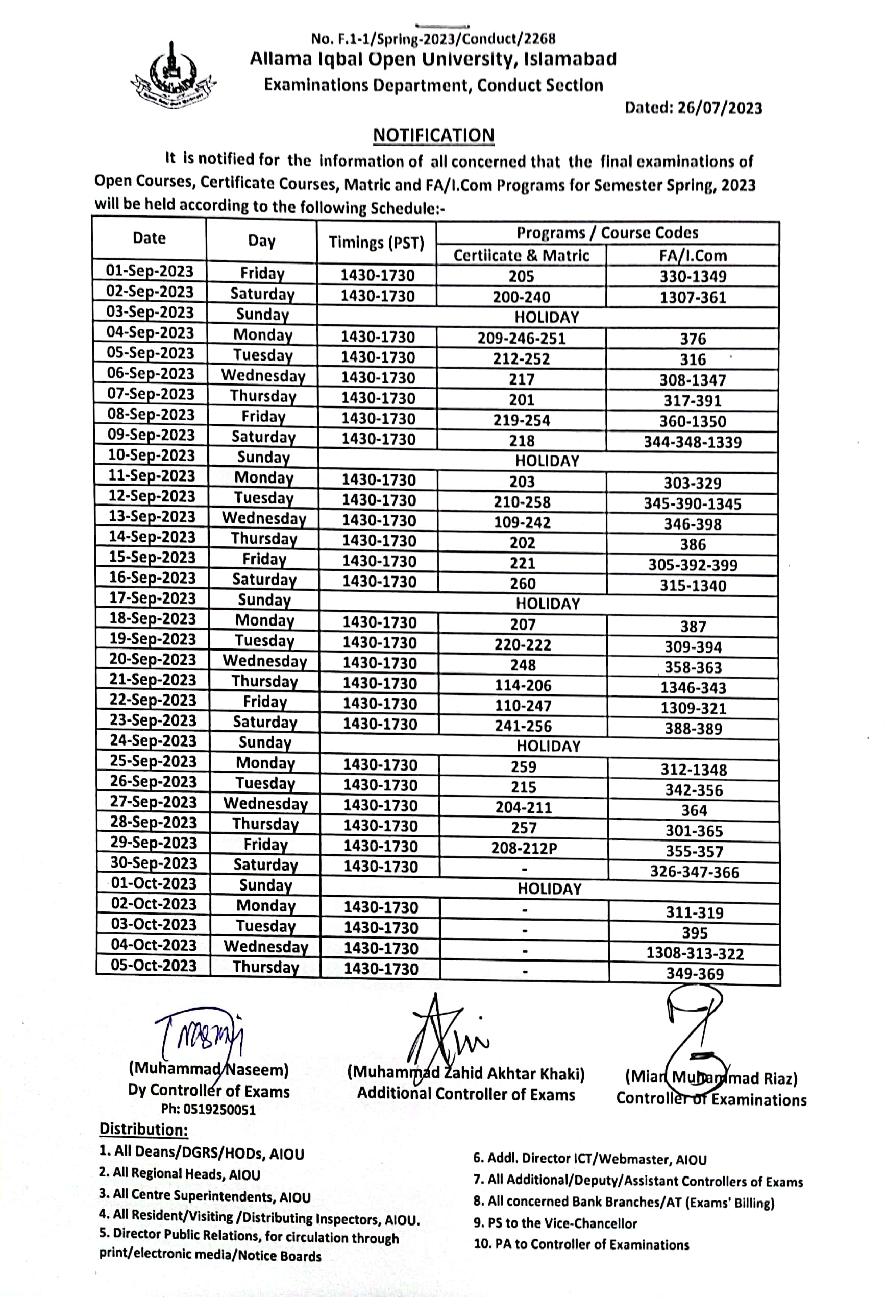 Date Sheet Education For All