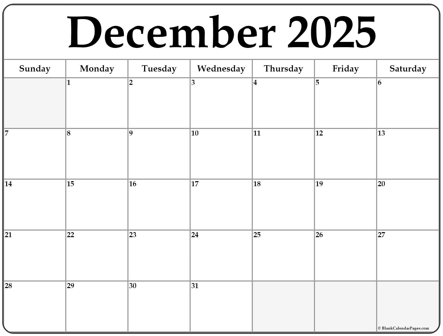 December 2025 Blank Calendar Page Frederik E Juhl