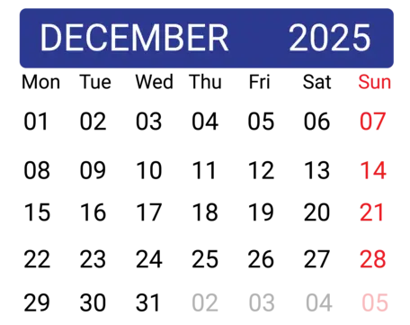 December 2025 Calendar December 2025 December Calendar PNG