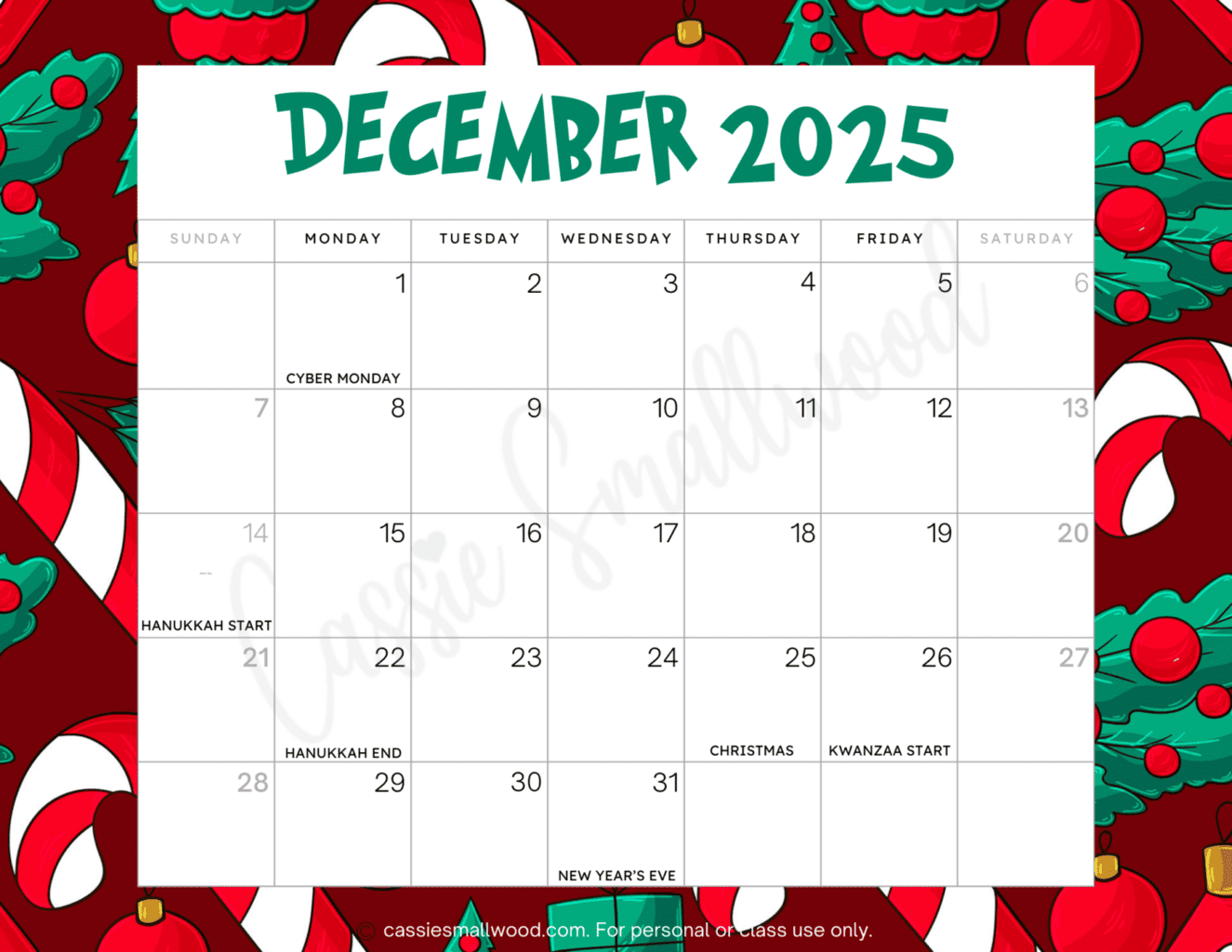 December 2025 Calendar Printabulls
