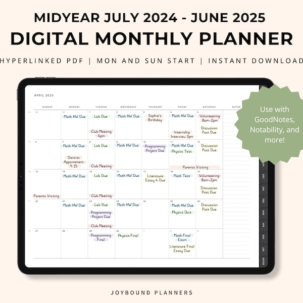 Digital Monthly Calendar 2024 2025 Goodnotes Etsy