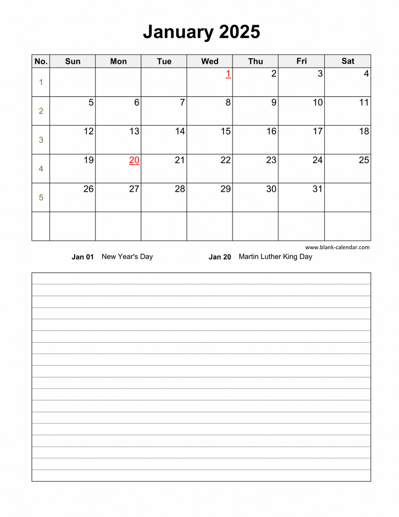 Download Blank Calendar 2025 With Space For Notes 12 Pages One Month 
