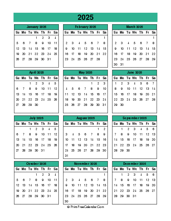 Download Editable Calendar 2025 Sunday Start PDF Word Excel 