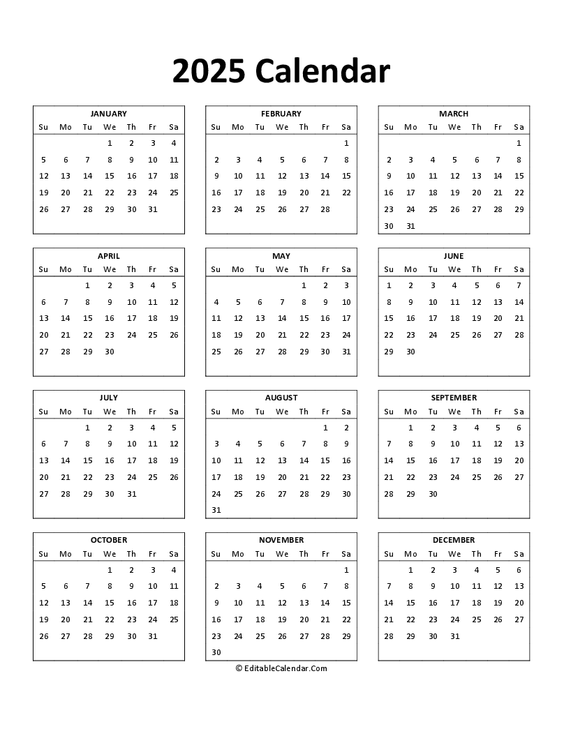 Download Free Printable 2025 Calendar Word Version 
