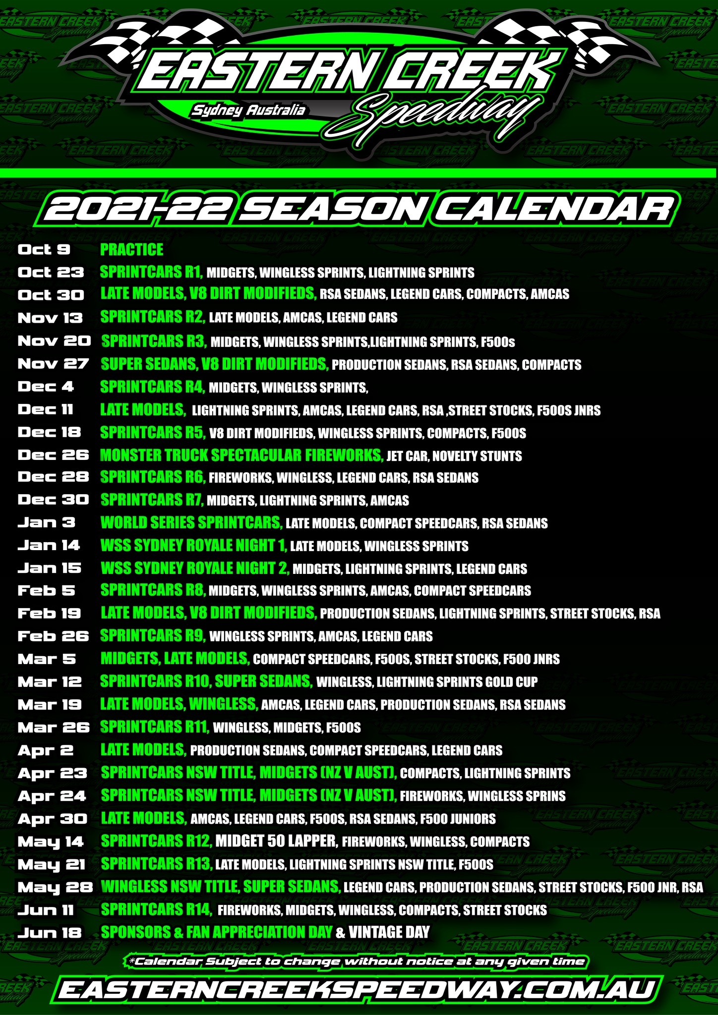 EASTERN CREEK ANNOUNCES SEASON CALENDAR 21 22 Speedway Illustrated News