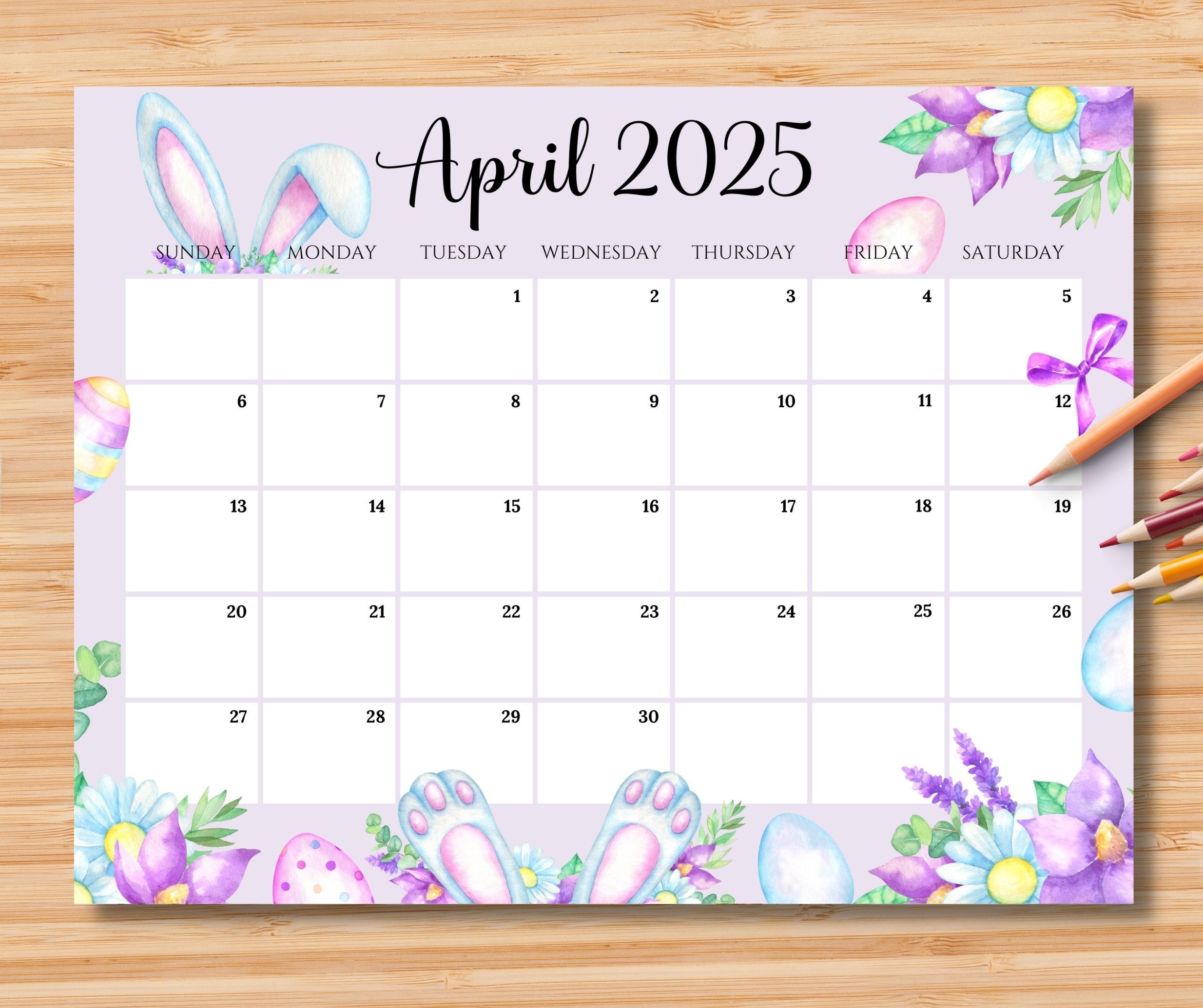 EDITABLE April 2025 Calendar Happy Easter Day With Cute Bunny Ears 
