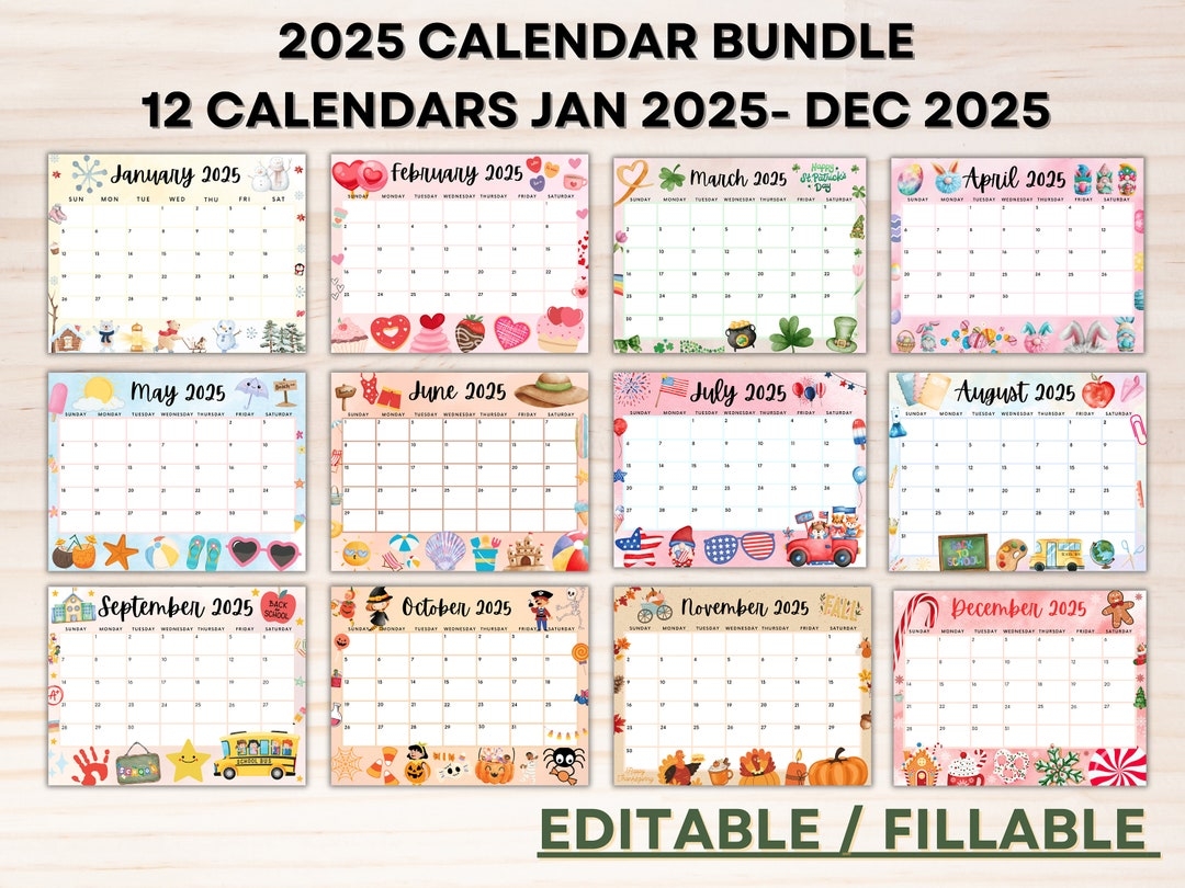 Editable Calendar 2025 Bundle Printable Calendars Colorful Cute Kids 