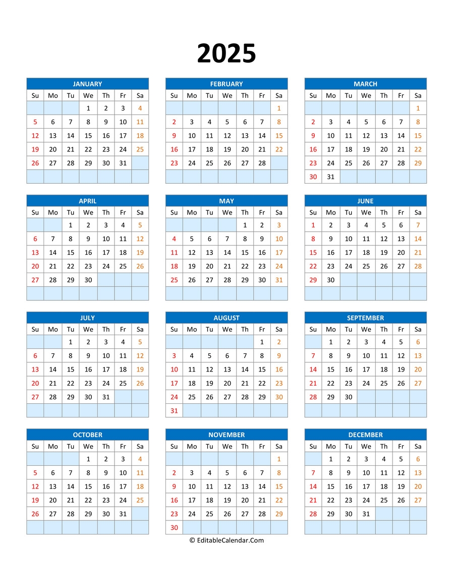 Editable Calendar 2025 Free Printable Word Document Myrtle E Hacker