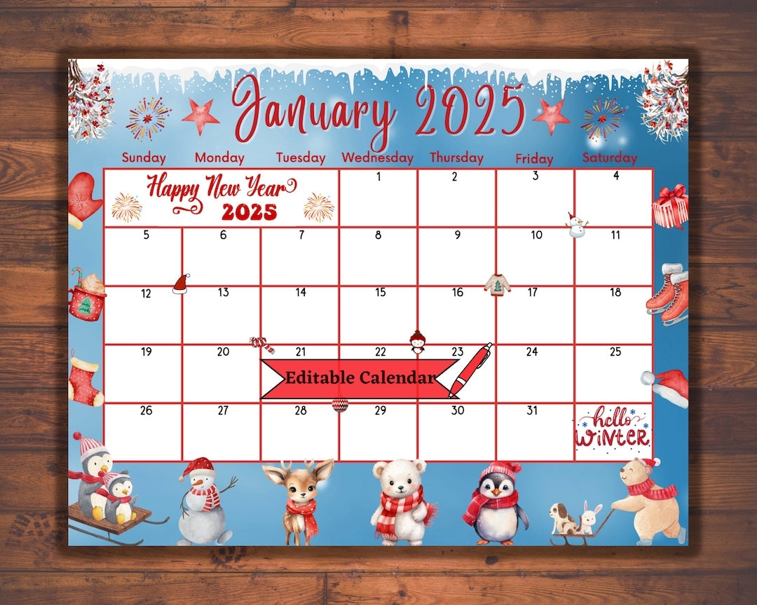 Editable Fillable January 2025 Calendar For Happy New Year Celebration 