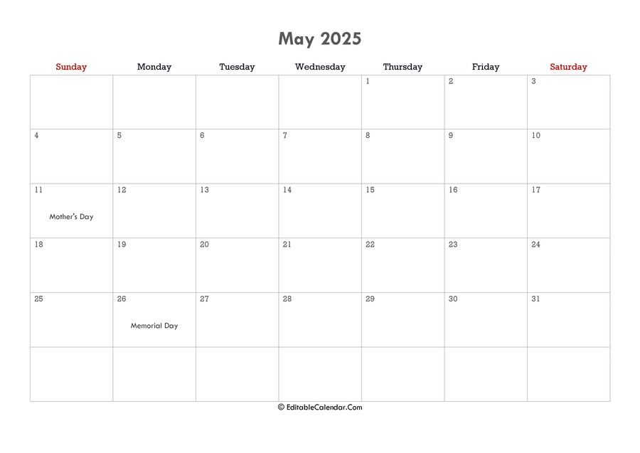 Editable May Calendar 2025 Franni Stevana