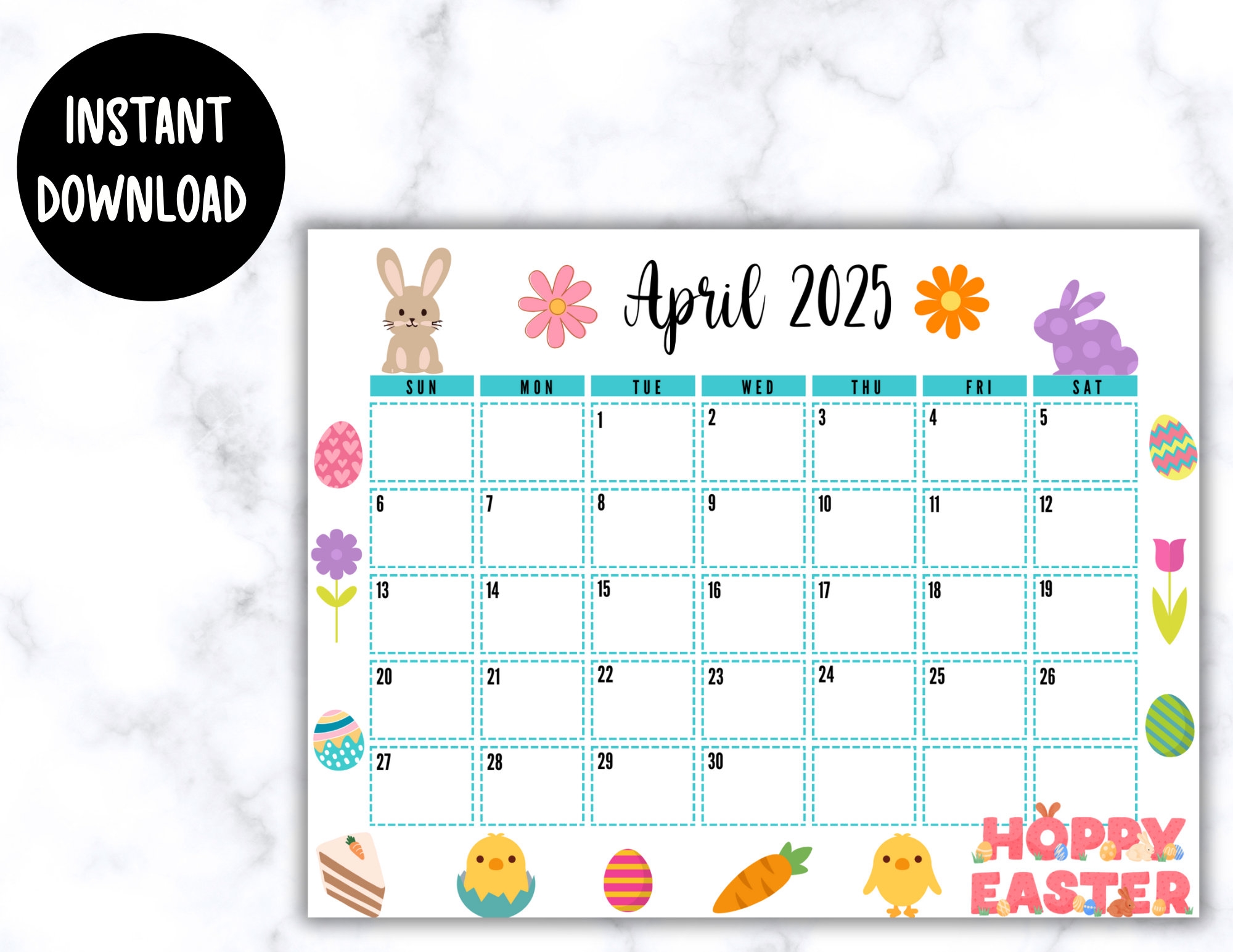 EDITABLE Printable April Calendar 2025 Cute Easter Calendar 