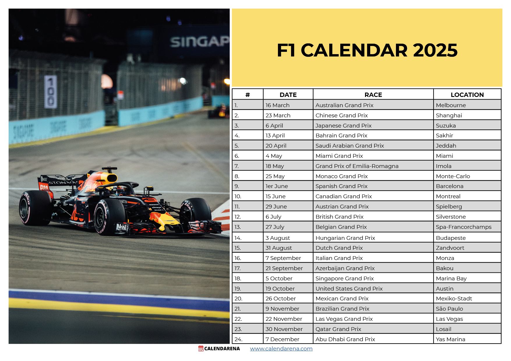 F1 Calendar 2025 With Stand