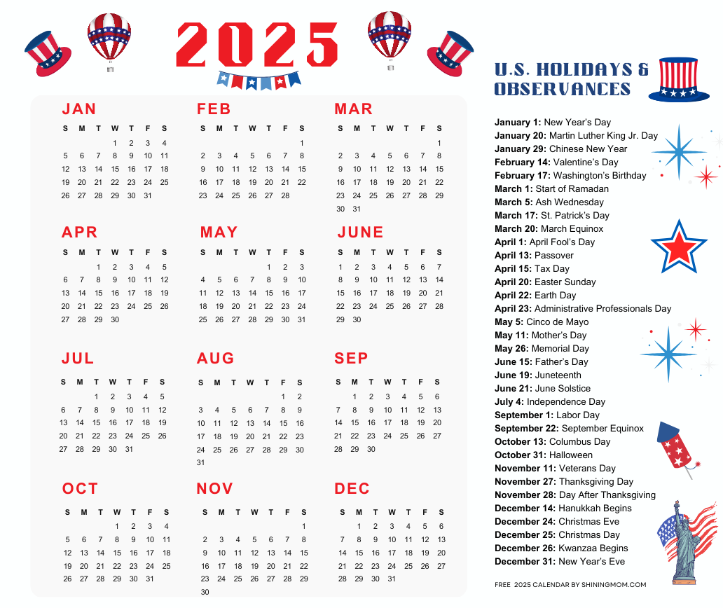 2025 Year Calendar With Federal Holidays