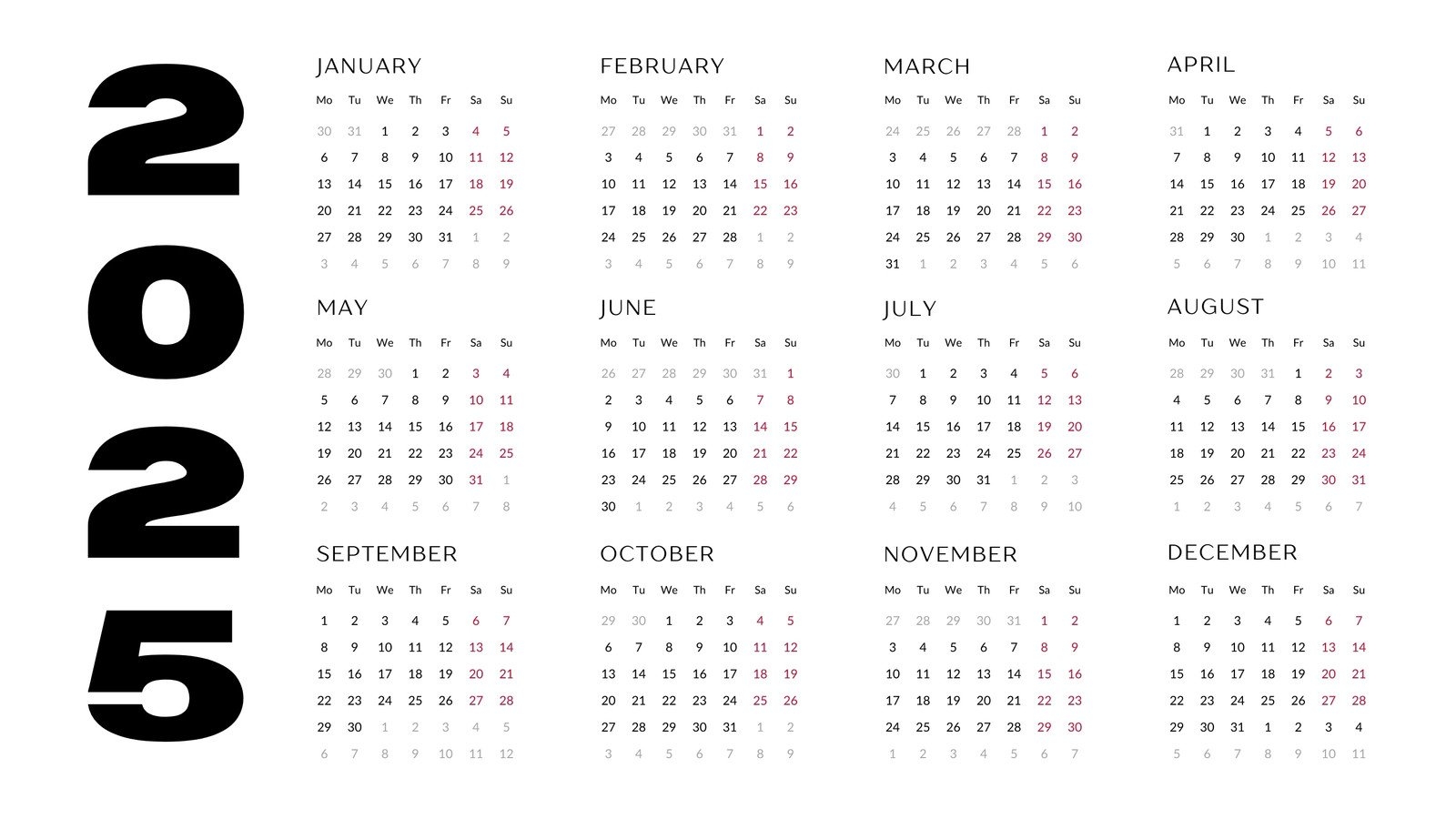 2025 Yearly Calendar Editable