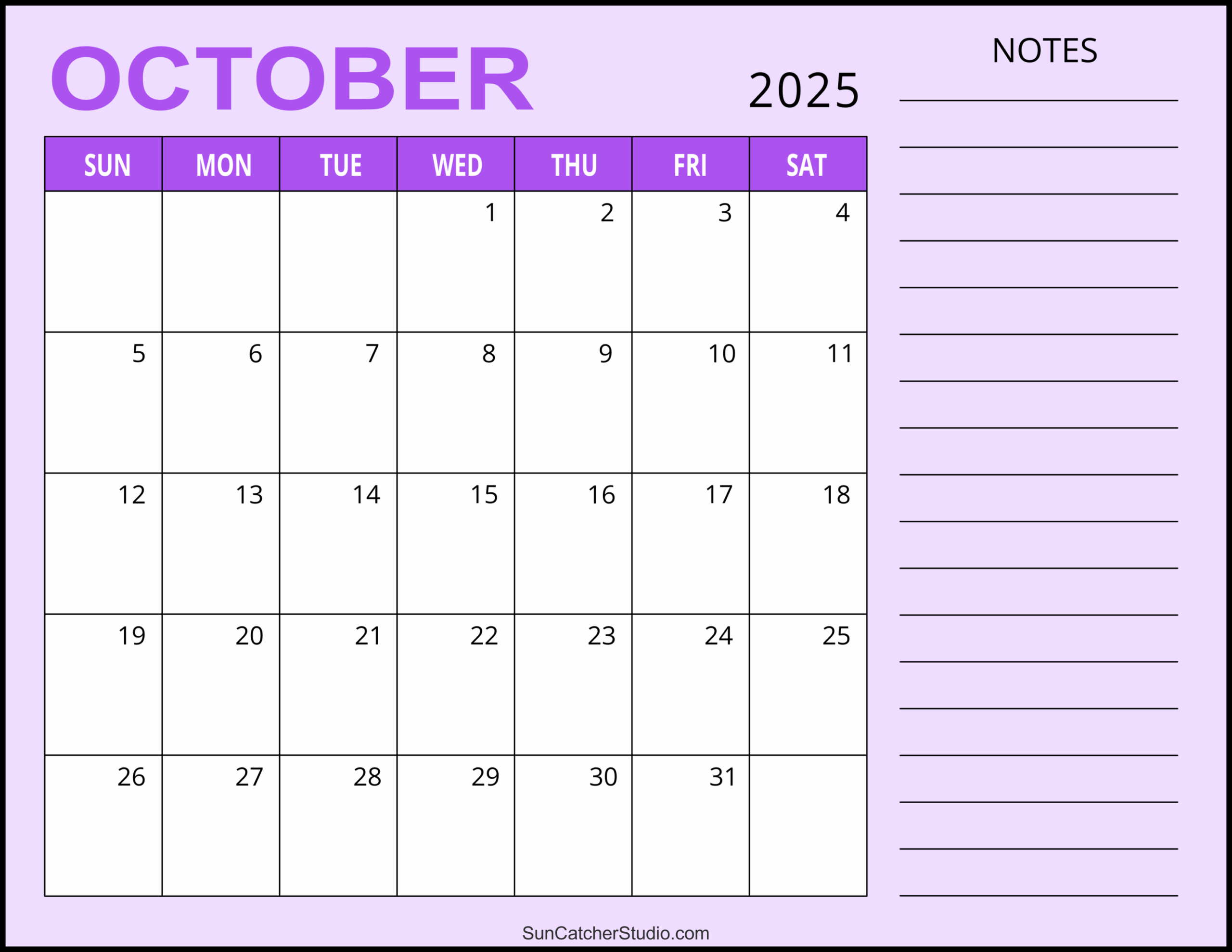 October 2025 Calendar Excel