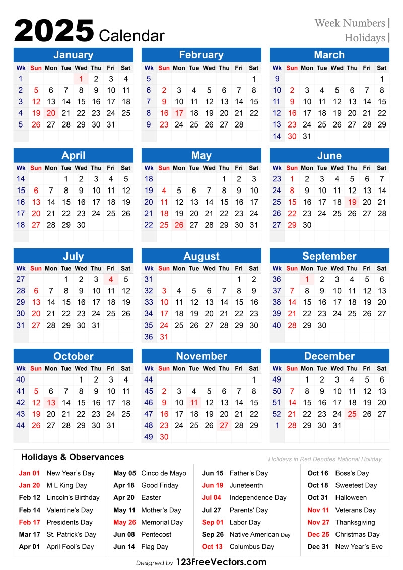 2025 Calendar By Week Numbers