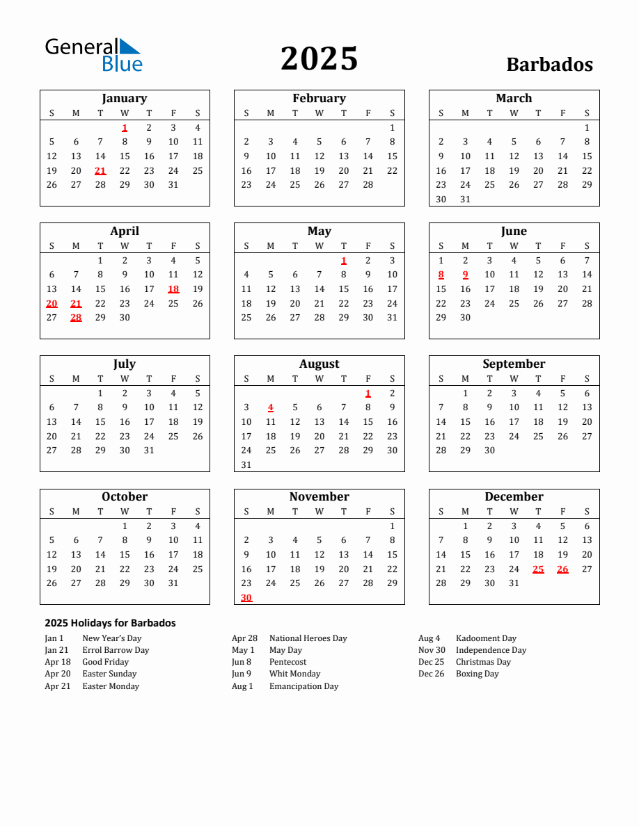 2025 Calendar With Holidays Barbados