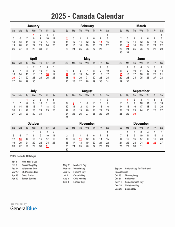 2025 Calendar Canada With Holidays Excel