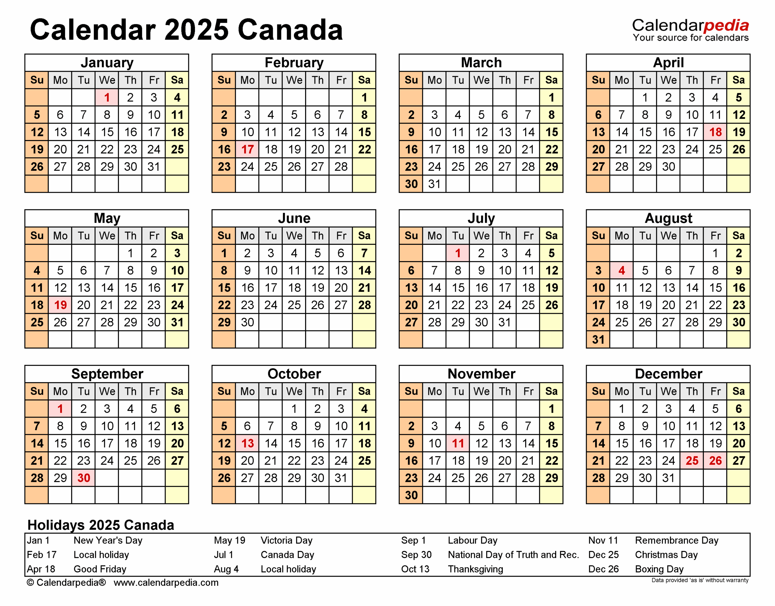 Free Printable 2025 Monthly Calendar With Holidays Canada Printable 
