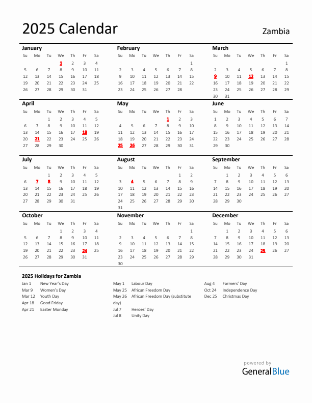 Free Printable 2025 Zambia Holiday Calendar