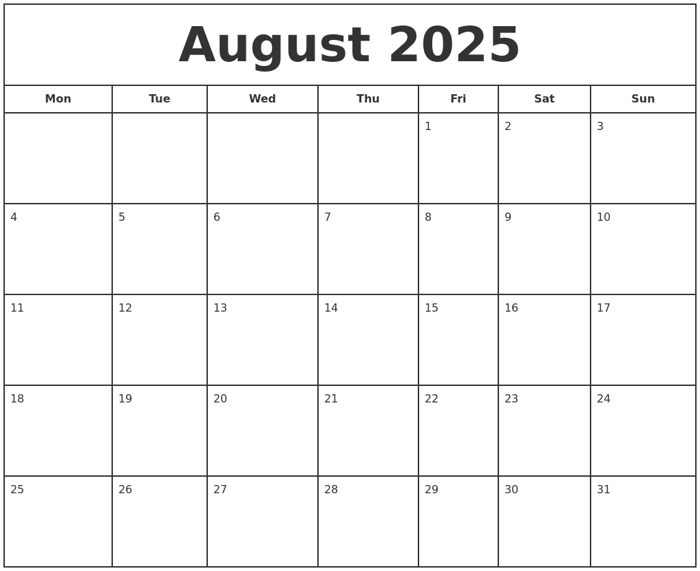 August 2025 Calendar Wiki