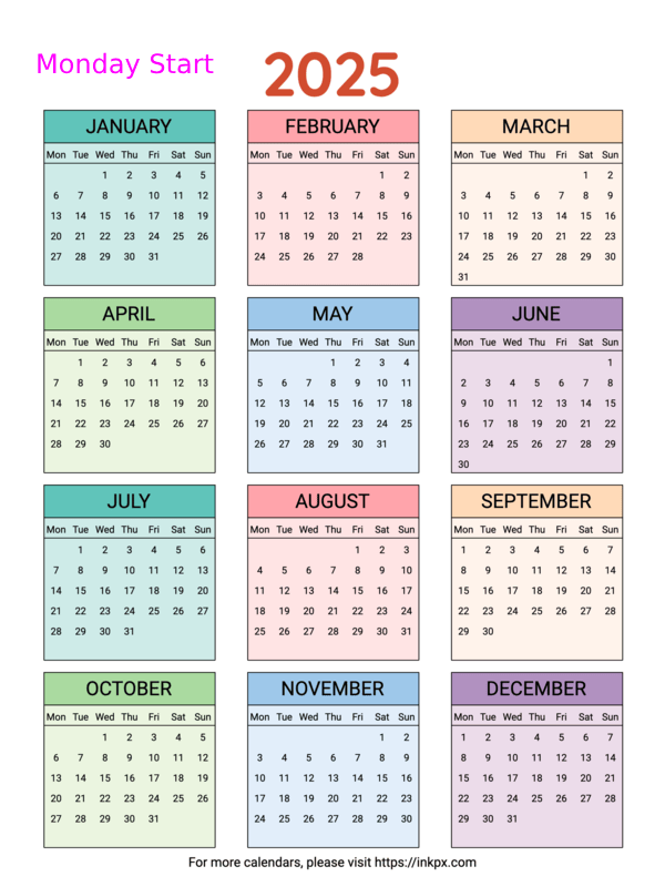 Free Printable Colorful Table 2025 Yearly Calendar Monday Start InkPx