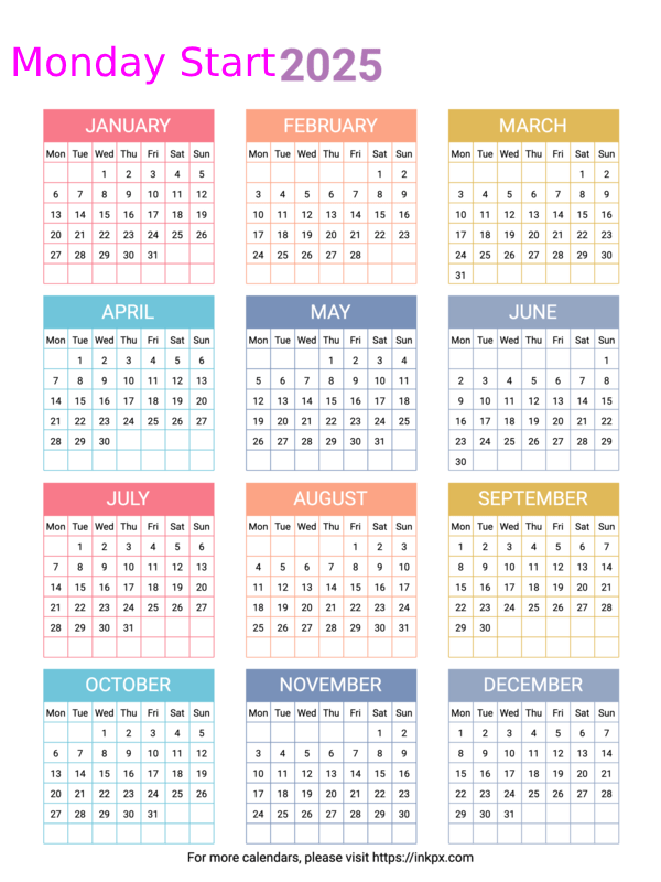 Free Printable Minimalist Colorful 2025 Yearly Calendar Monday Start 
