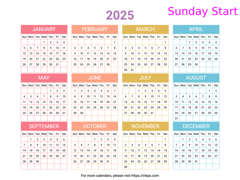 Free Printable Minimalist Colorful Table 2025 Calendar Landscape 