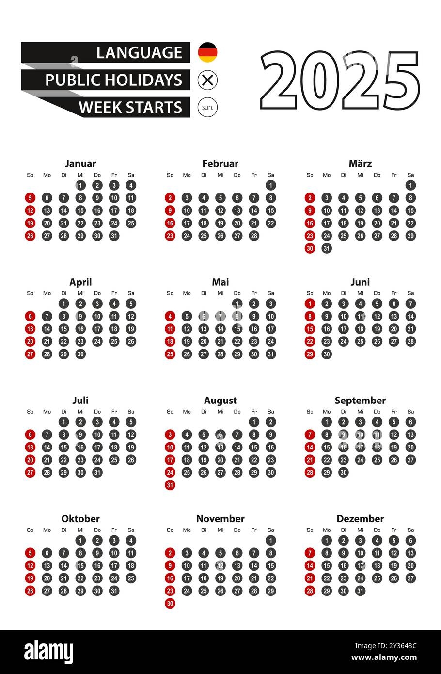 German Calendar 2025 With Numbers In Circles Week Starts On Sunday