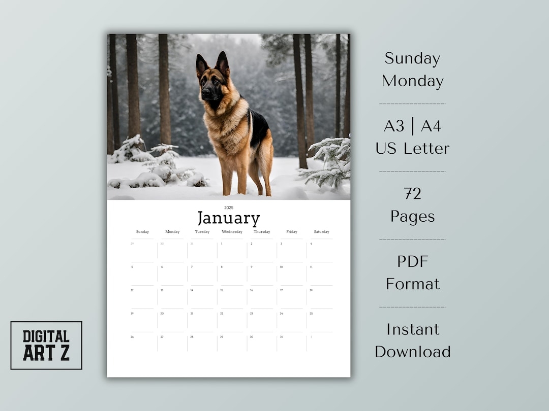 German Shepherd 2025 Calendar Sunday Monday Start Printable Monthly 