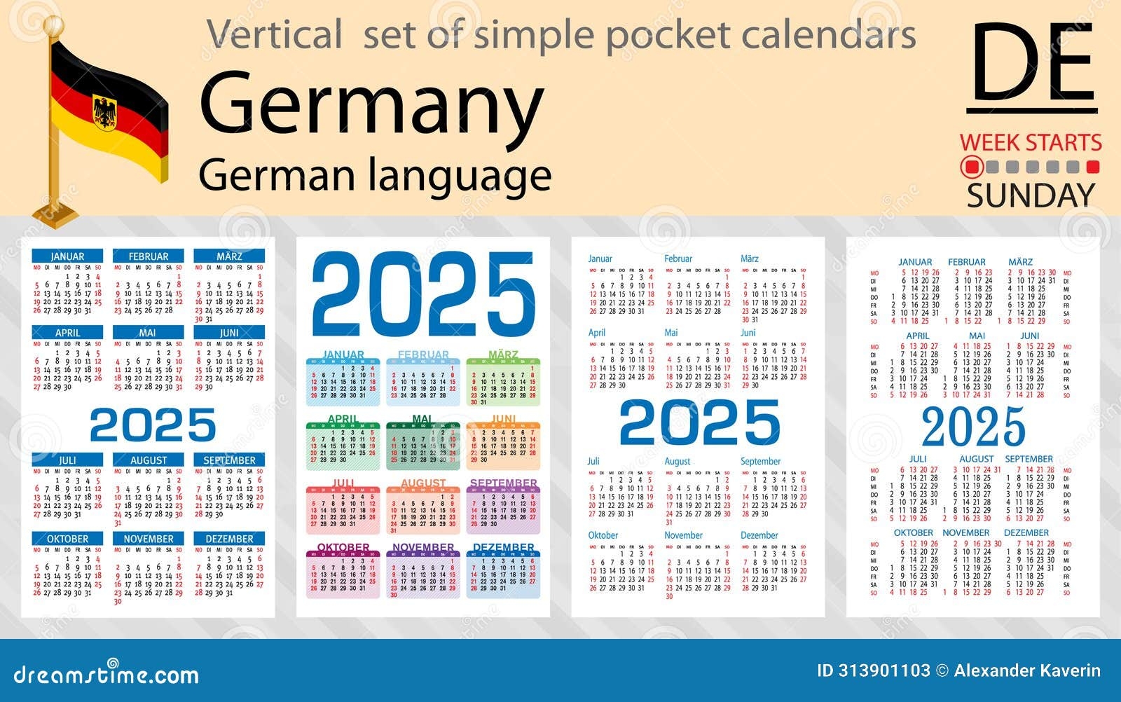 German Vertical Set Of Pocket Calendar For 2025 Week Starts Sunday 