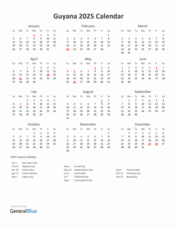 Guyana 2025 Calendar With Holidays