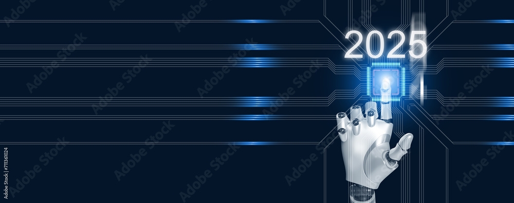 Happy New Year 2025 Artificial Intelligence Ai Robotic Hand Tapping 