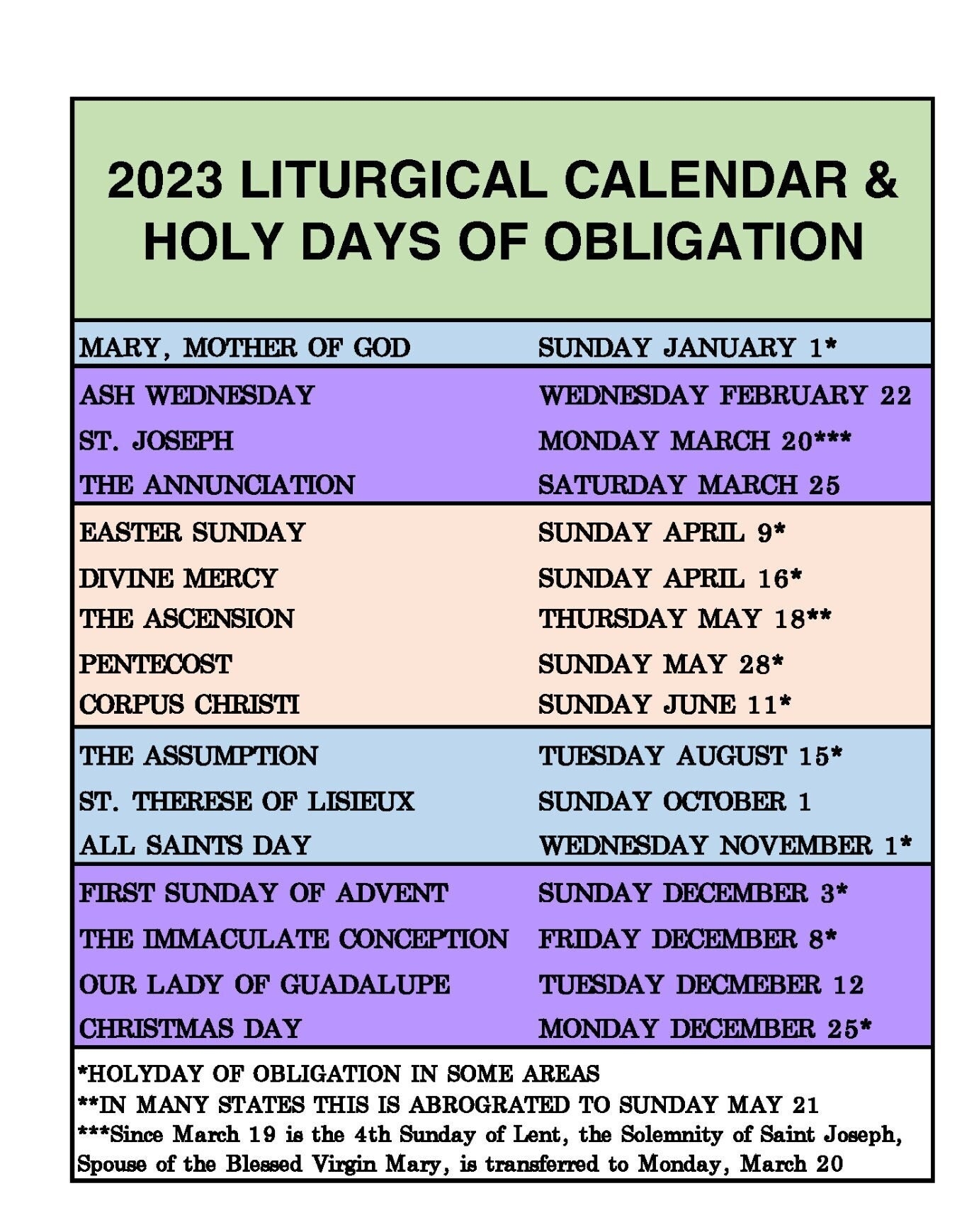 Catholic Calendar 2025 Holy Days Of Obligation