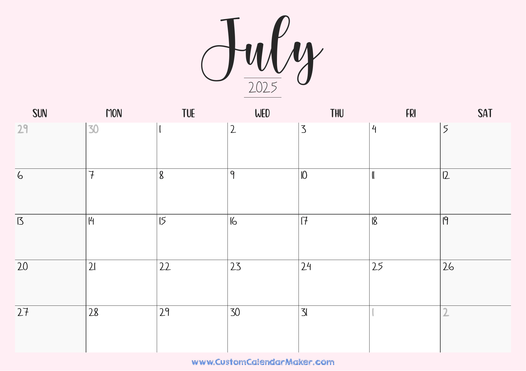July 2025 Calendar Aesthetic Sebastian Naylor