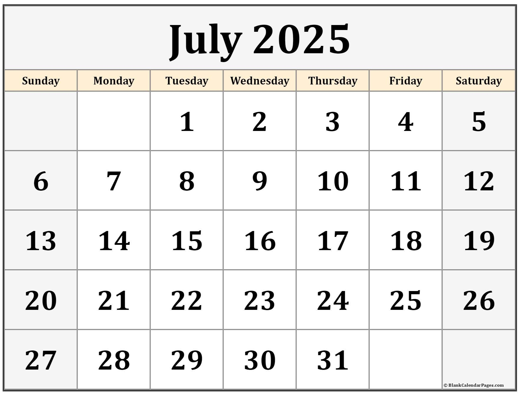 Blank Calendar Template July 2025