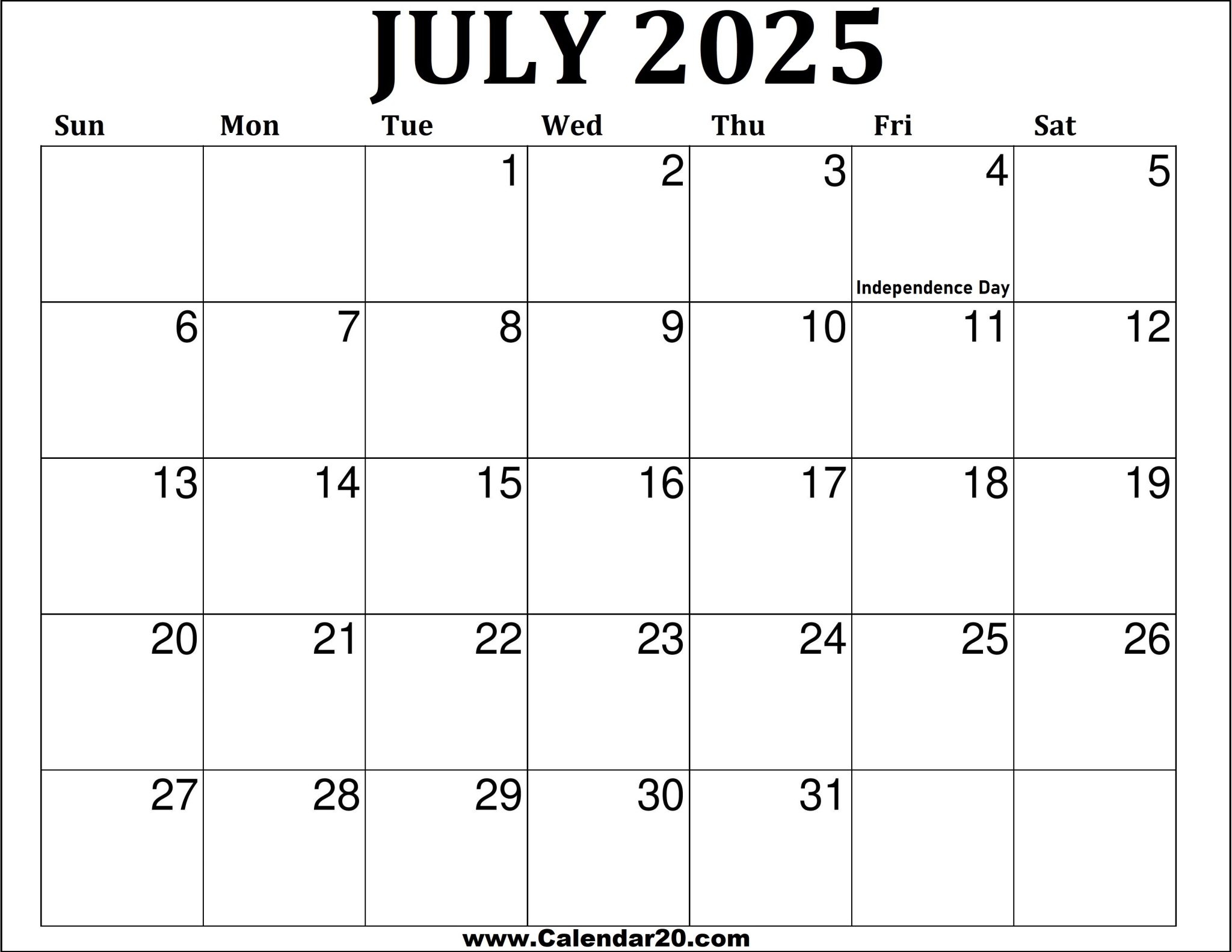 2025 Calendar Printable July