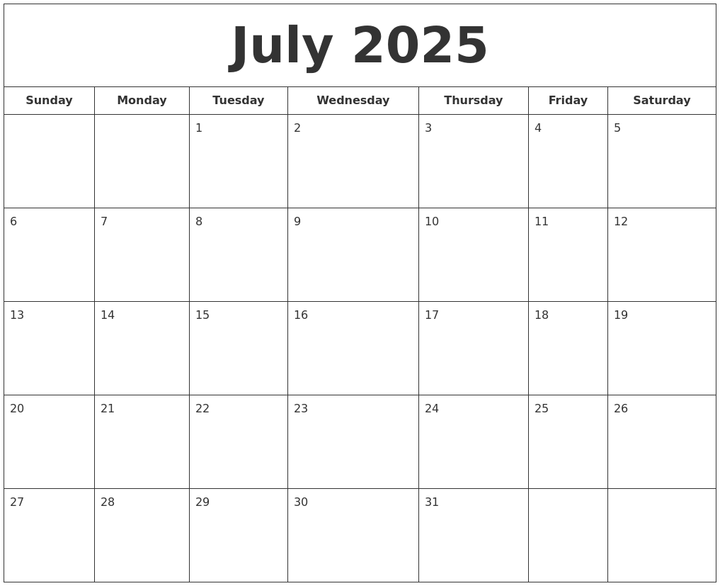 July 2025 Printable Calendar