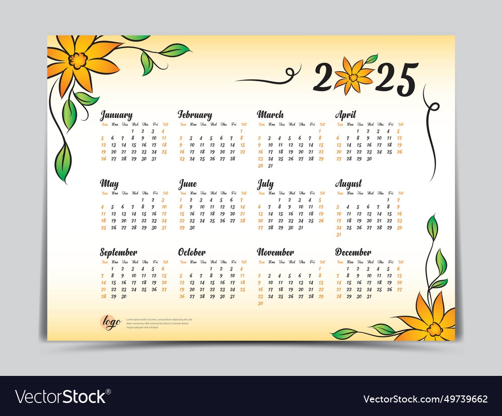 Kalender 2025 Vorlage Gelb Blumen Design Vektorbild
