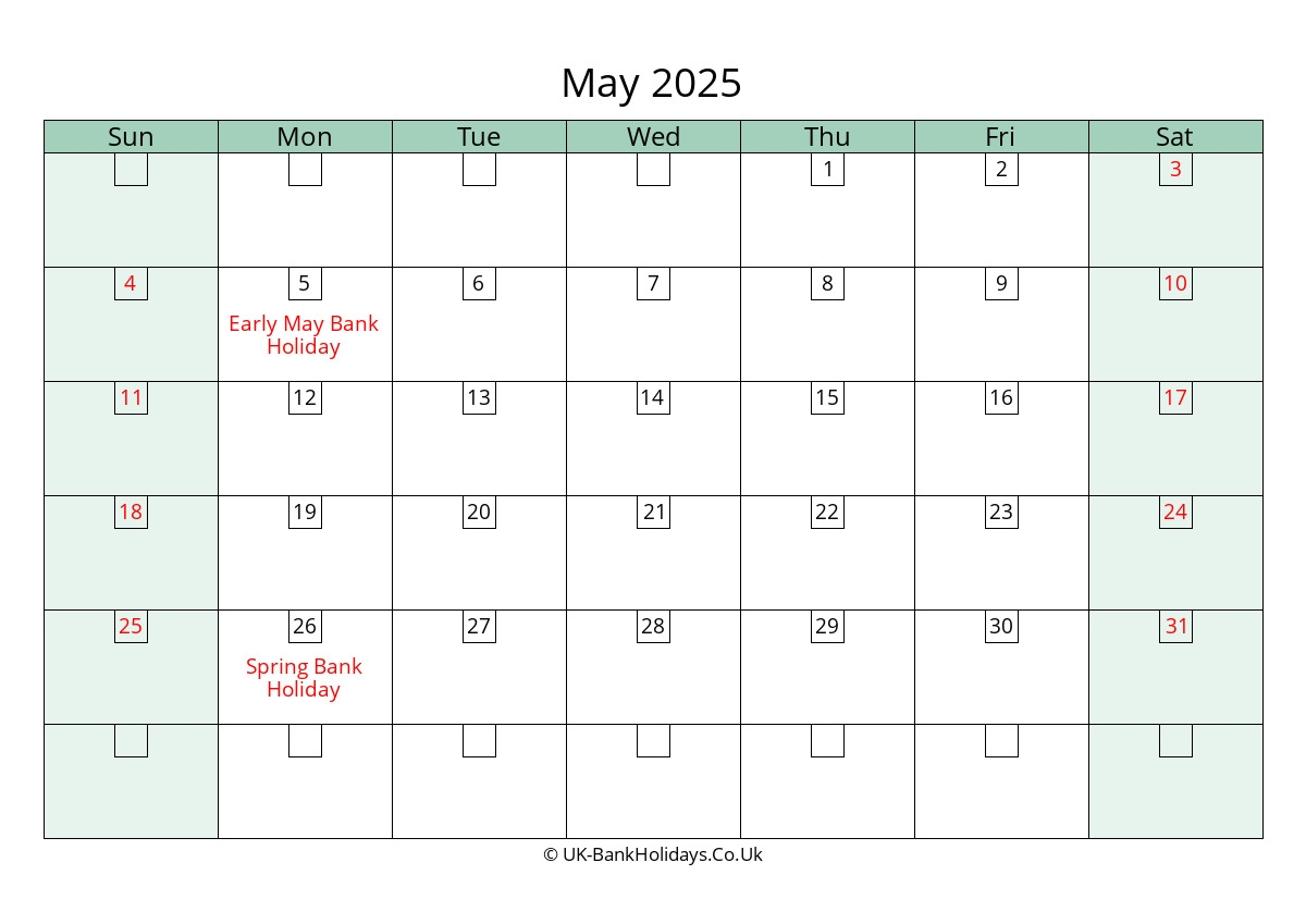 May 2025 Calendar Printable With Bank Holidays UK