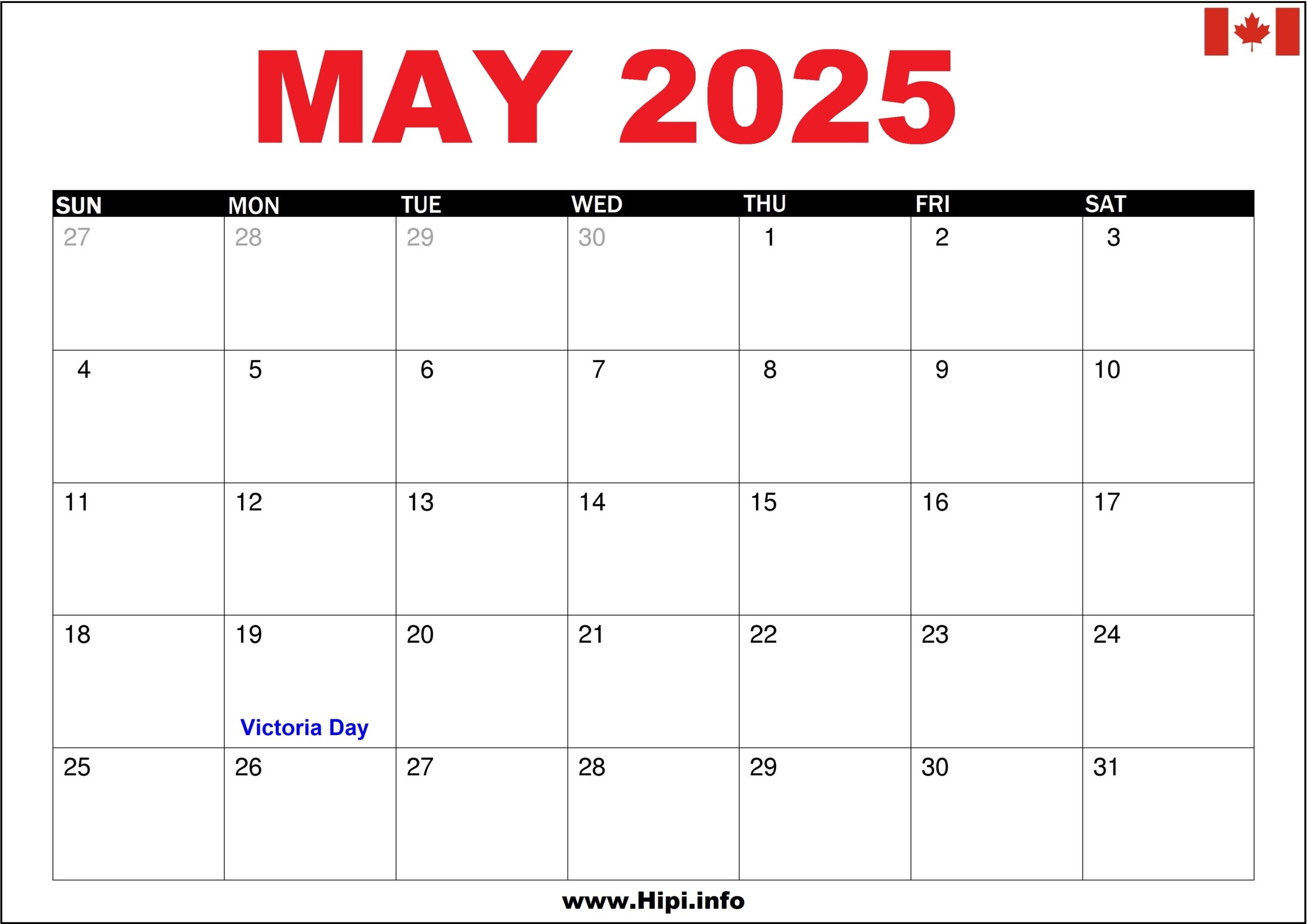 May 2025 Canada Calendar Printable With Holidays Hipi info