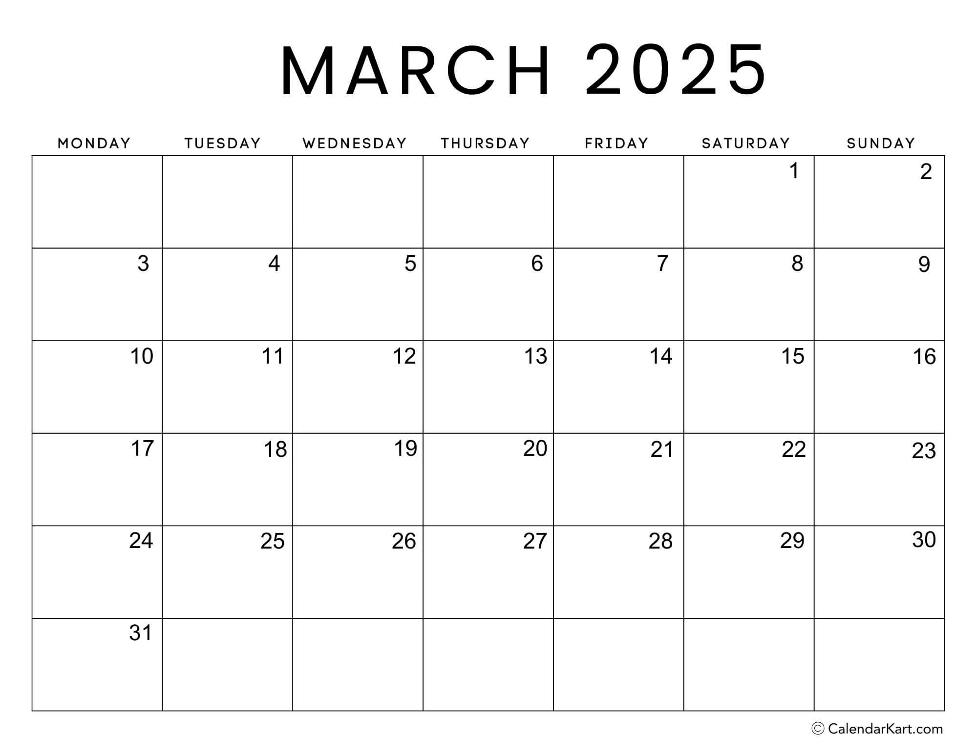 2025 Calendar Printable Starting Monday