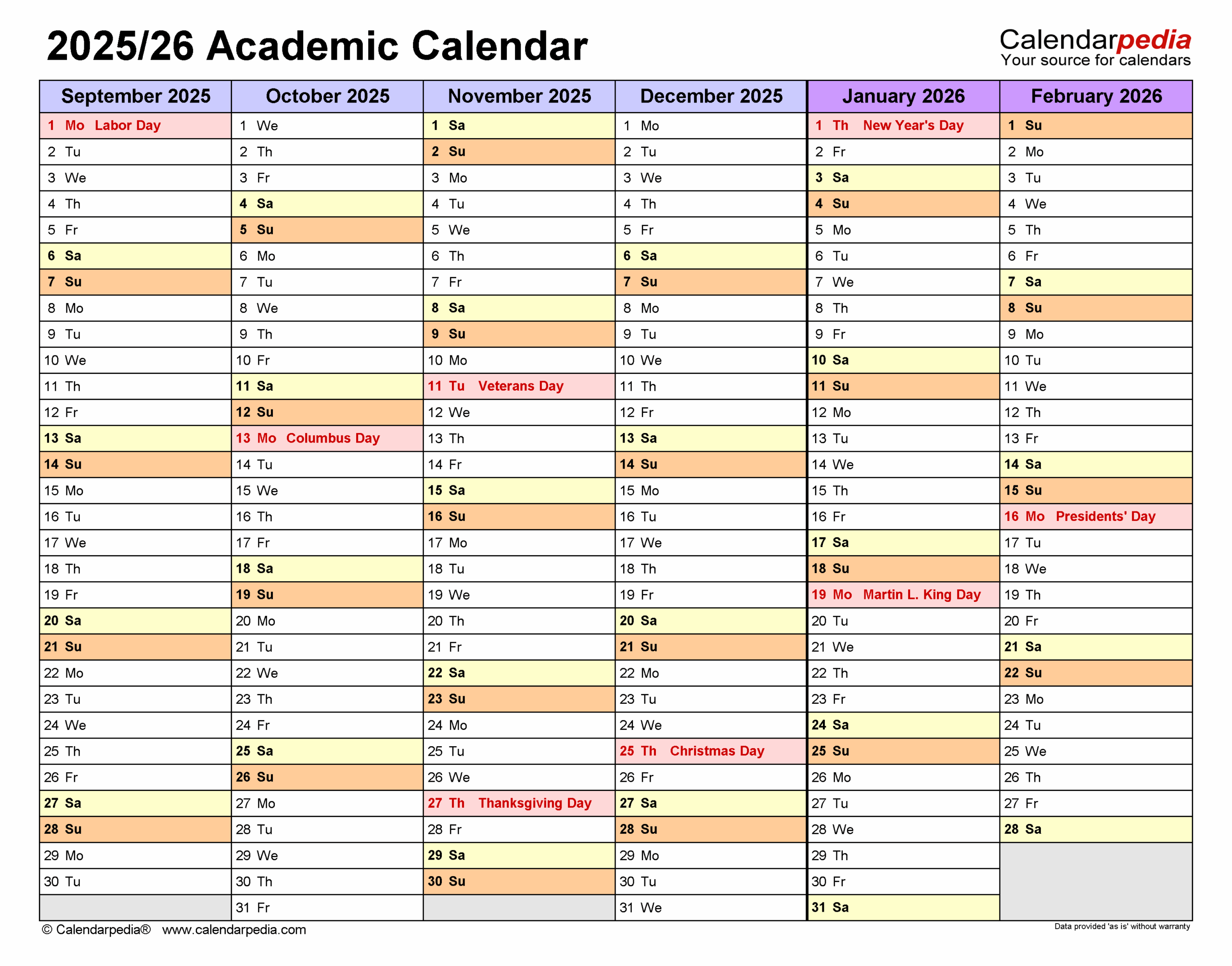 2025 Academic Calendar Template