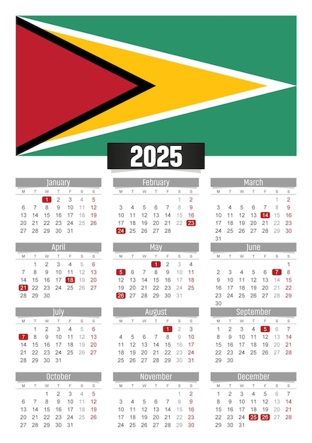 Premium Vector New Year 2025 Calendar With Guyana Flag And Public 
