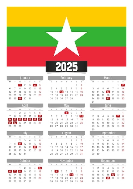 Premium Vector New Year 2025 Calendar With Myanmar Flag And Public
